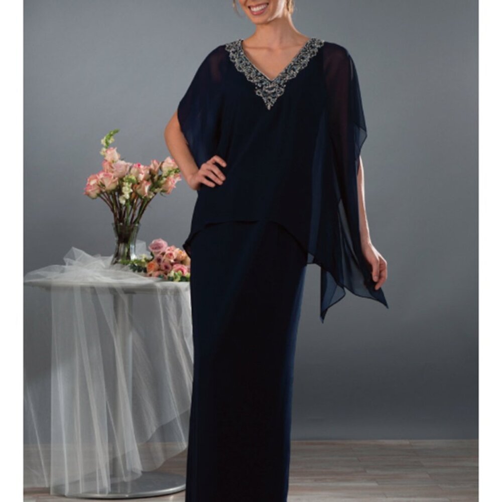 Alfred Angelo Navy 518 Mother of the Groom MOB Dress Gown 9018L Jeweled Neckline
